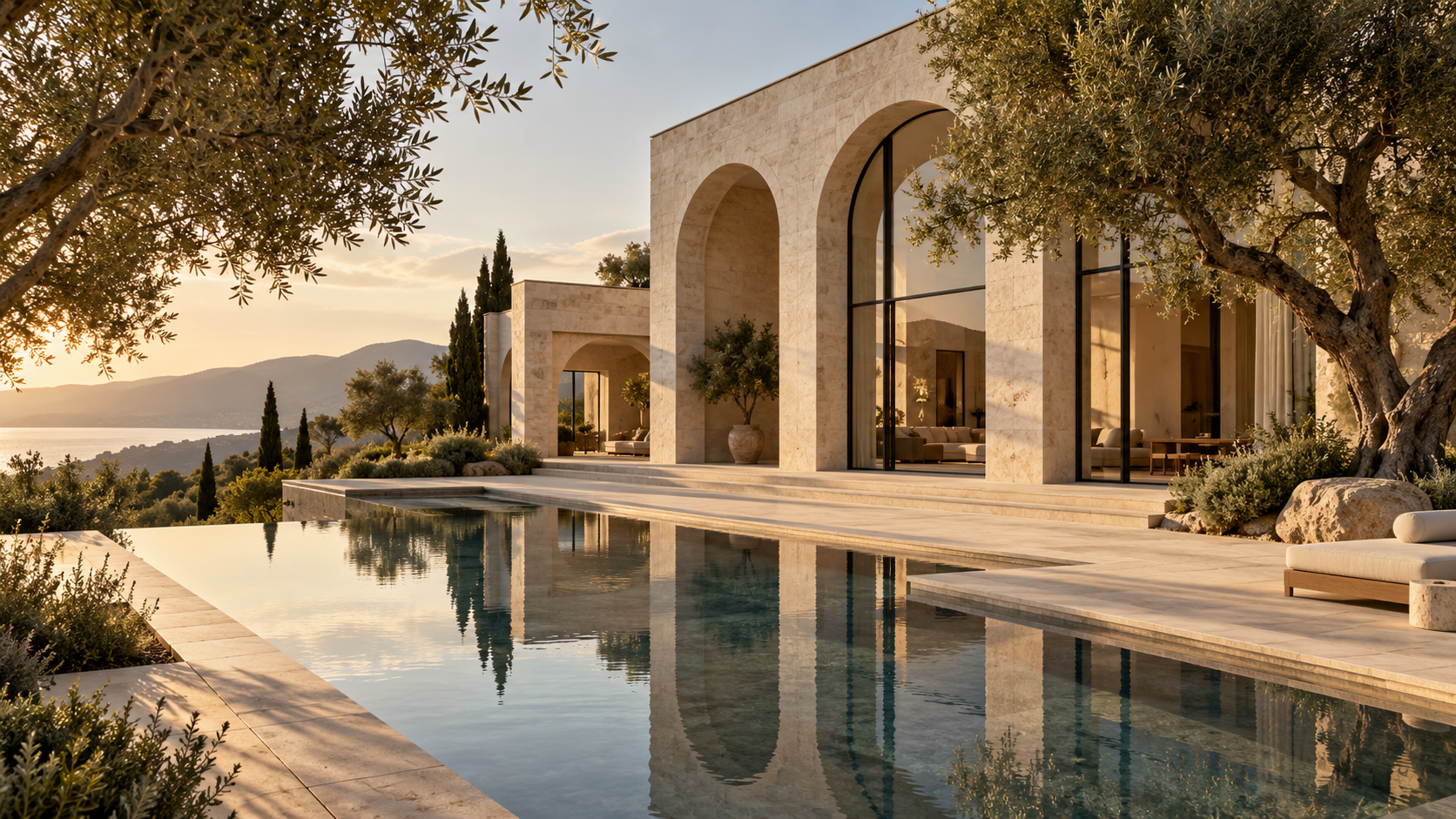 Contemporary limestone residence at golden hour